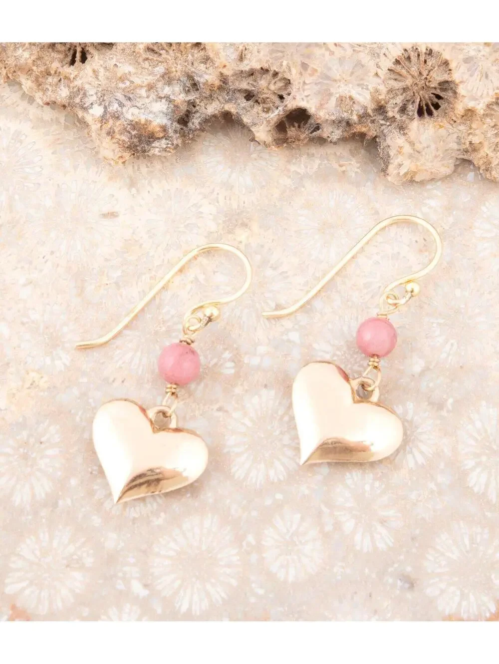 Pink Rhodonite and Golden Bronze Heart Charm Earrings